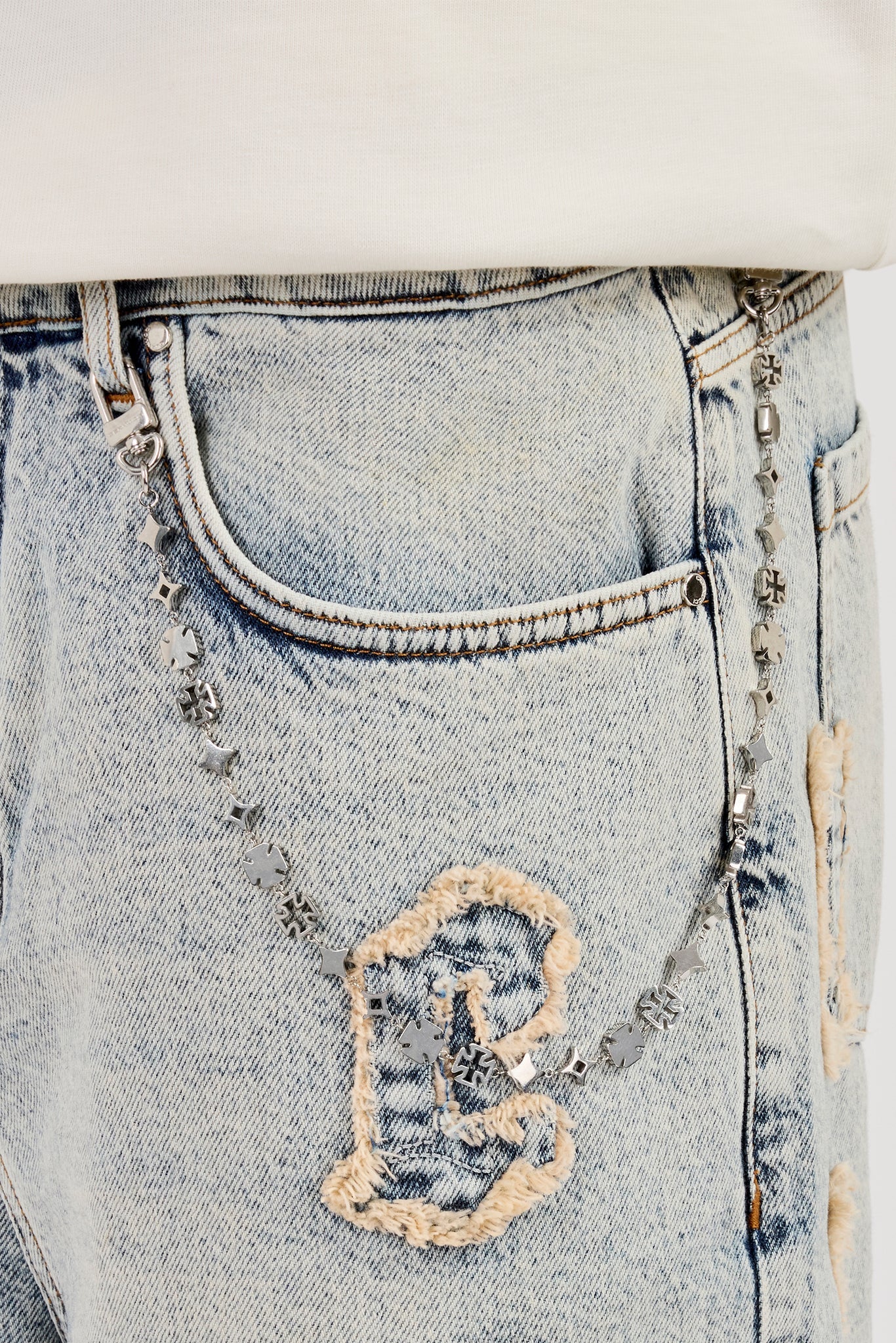 Logo Applique Denim Jorts & 10mm Cernucci Motif Jean Chain - Antique Wash